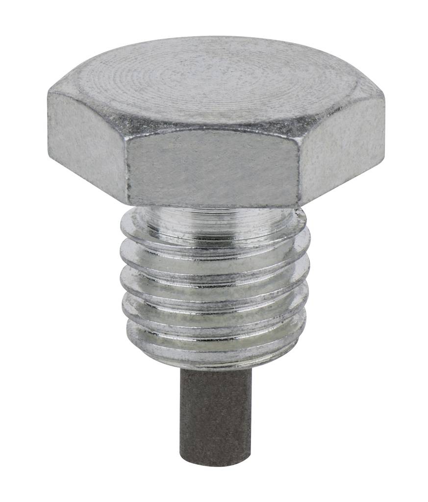 A silver screw with a hexagonal head and knurled shaft, positioned vertically.