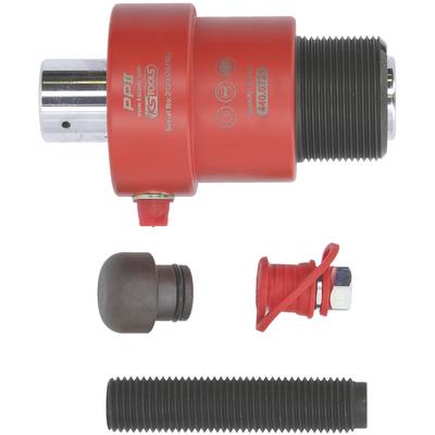 A red tool set with multiple components, including a main cylinder with inscription, an additional cap, a screw, and an extension arm. Suitable for mechanical applications.