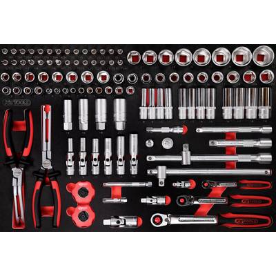 'Set of hand tools in a case, including socket tool inserts, spanners, pliers and extensions.'