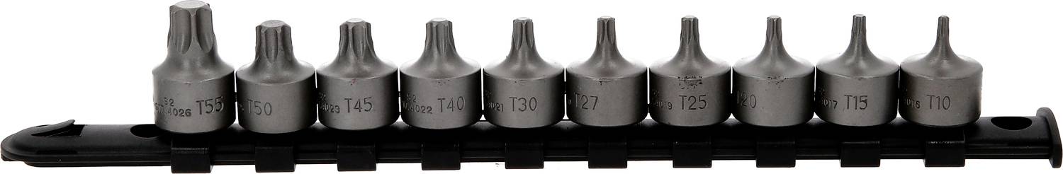 A set of ten Torx bits in various sizes, ranging from T10 to T50, arranged on a black holder.