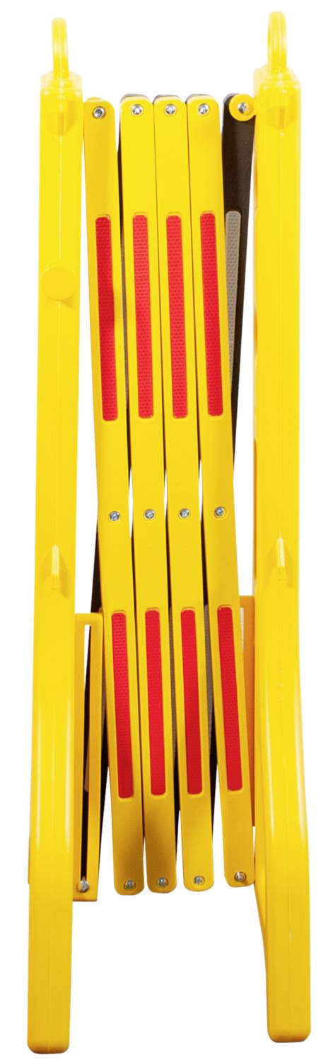 A yellow, folding barrier with red reflective stripes.
