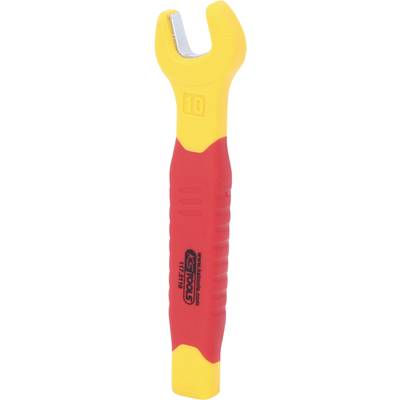 An isolated yellow-red adjustable spanner for electrical work, brand name 'STIER', size: 10 mm. Suitable for safe working.