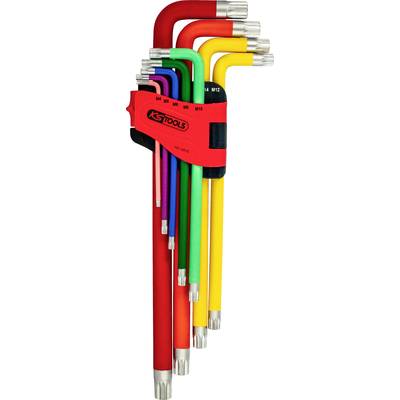 A set of nine colourful hex keys in a holder, arranged from small to large, with a rubber grip.