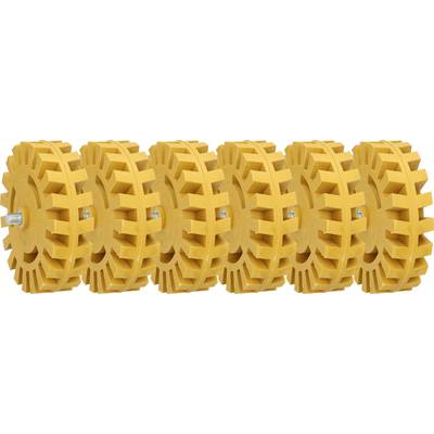 Five yellow, interlocking gear structures side by side. Each structure has a screw in the centre.