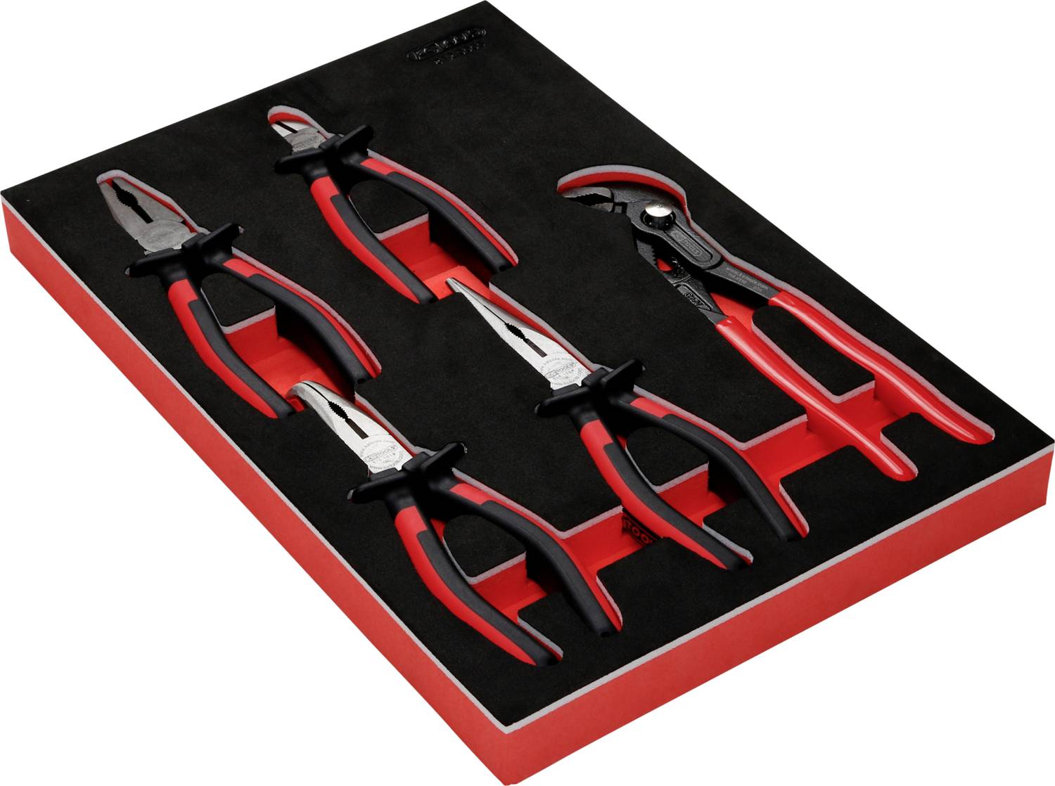 Four different pliers in a red tool holder, each securely fitted in its own recess.
