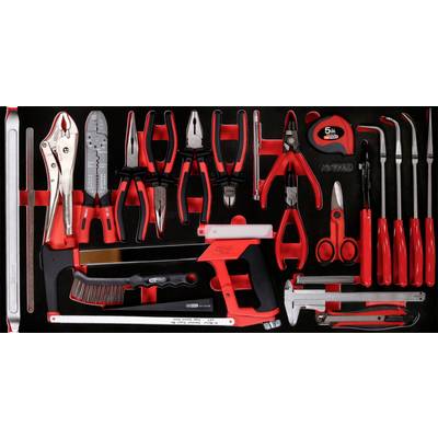 Toolbox with various hand tools, including pliers, screwdrivers, saw, measuring tape and Allen keys, neatly arranged.