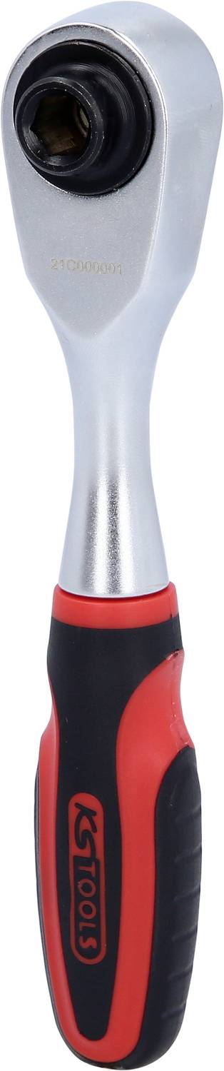 A silver ratchet spanner with a black and red handle, with 'KS TOOLS' printed on it.