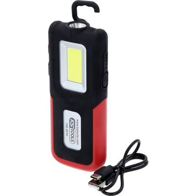 Portable LED work light with hook and USB charging cable. Black and red housing, ideal for mobile lighting applications.