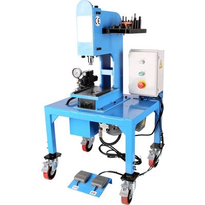 Welding machine on wheels with control panel and foot switches. Suitable for metalworking, with blue frame structure.