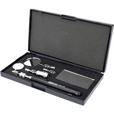 'Set with mirror, inspection tools and storage boxes in an opened black case. Suitable for hard-to-reach areas.'