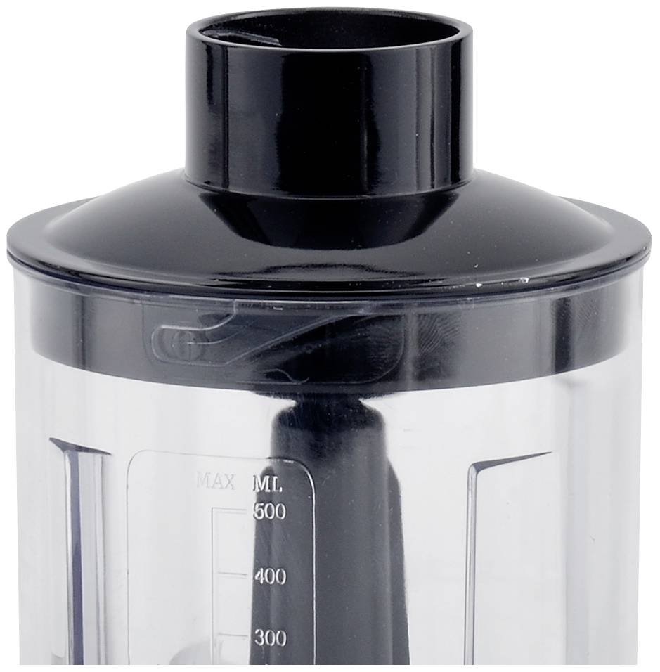 A transparent mixer jug with a black lid and scale measuring up to 500 ml.