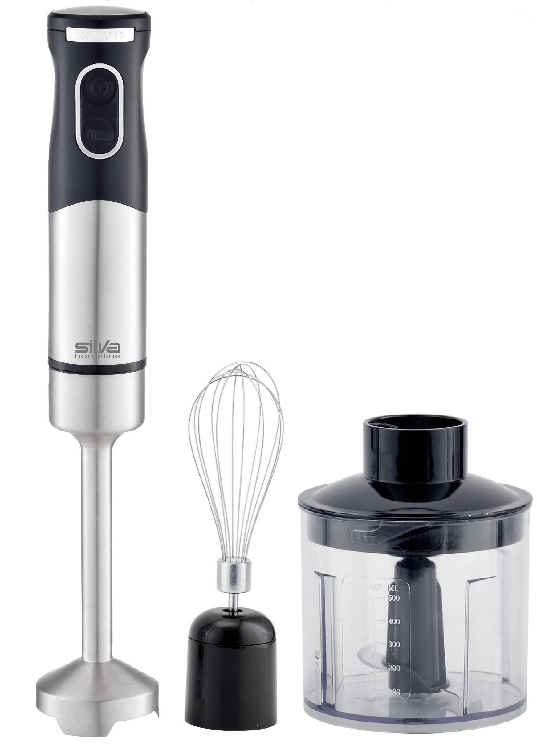 A silver hand blender with a black handle, alongside a whisk attachment and a transparent container with a black lid.