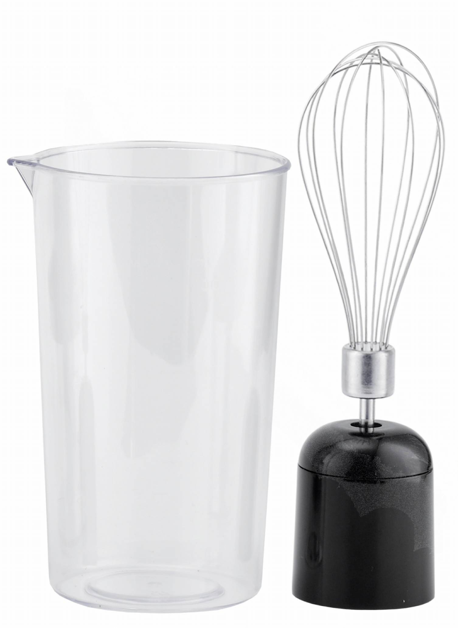 An electric whisk with a black handle stands next to a transparent mixing jug. Both are on a white background.