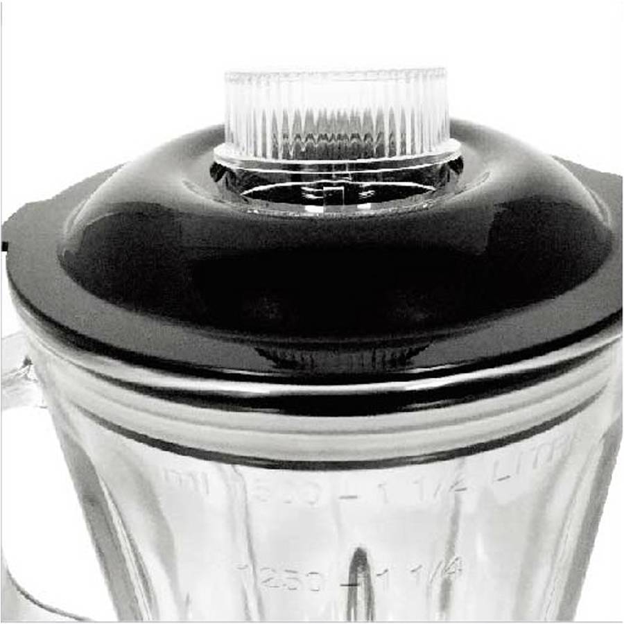 A transparent mixer container with a black lid and clear rotary knob, suitable for mixing ingredients in the kitchen.