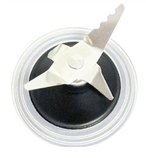 Kitchen food processor attachment with two stainless steel blades in a black plastic housing, viewed from above. Ideal for blending.