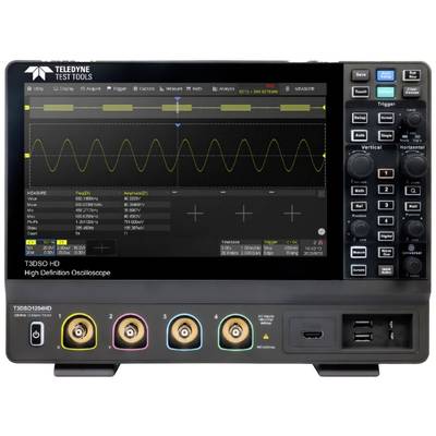 A oscilloscope with a wave-form display on the screen and controls on the right-hand side, model 'Teledyne T3DSO HD'.