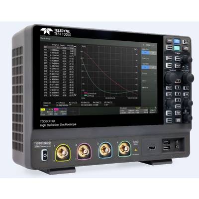 An oscilloscope shows a graphical screen with various data curves and parameters. It measures electrical signals.