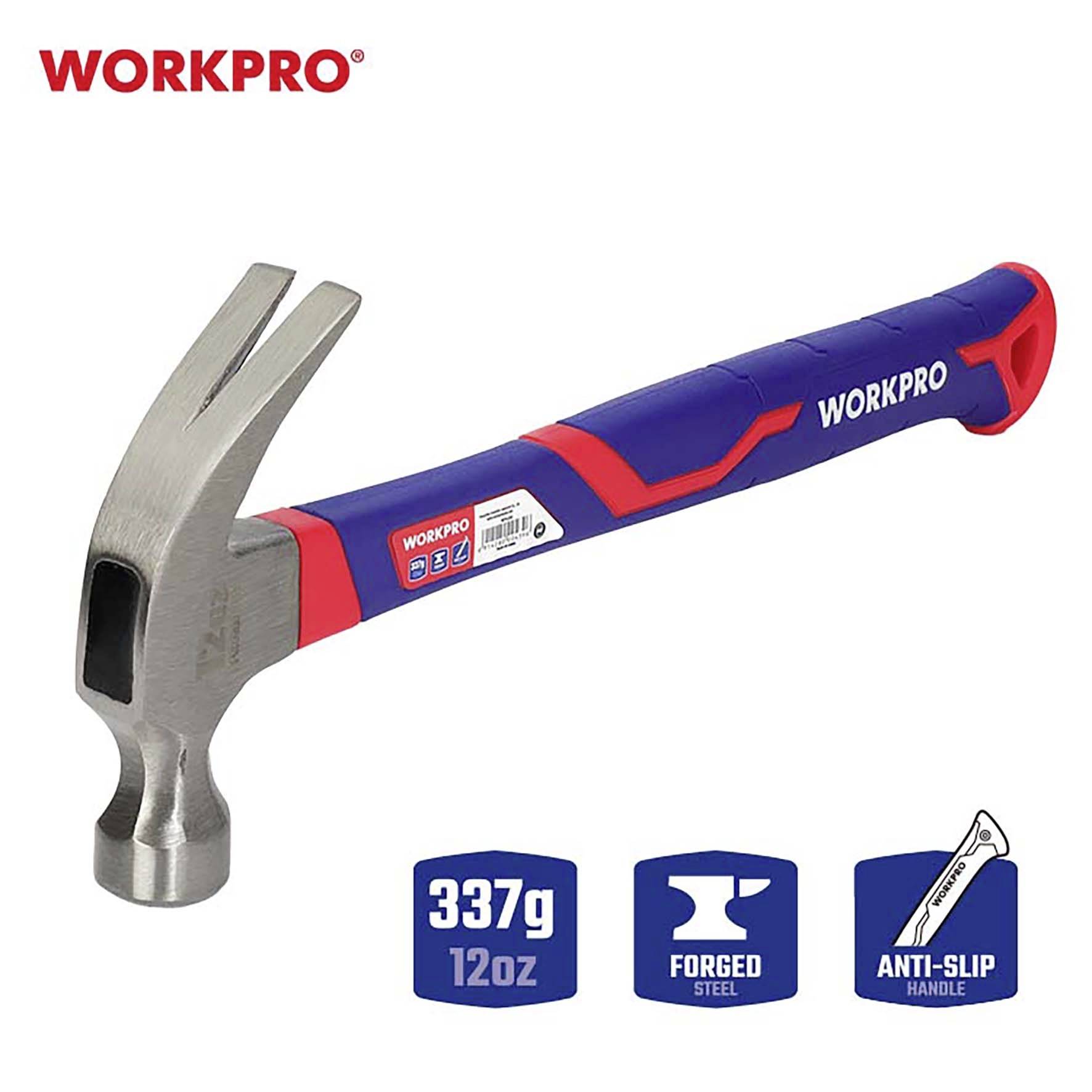 A hammer with an ergonomic, non-slip grip made of forged steel, weight 337g. Brand: WORKPRO.