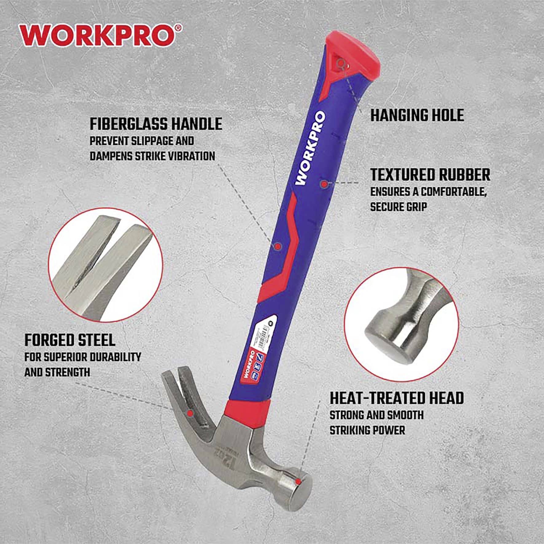 Hammer with fibreglass handle to prevent slipping, hardened head for powerful striking, textured rubber for secure grip.