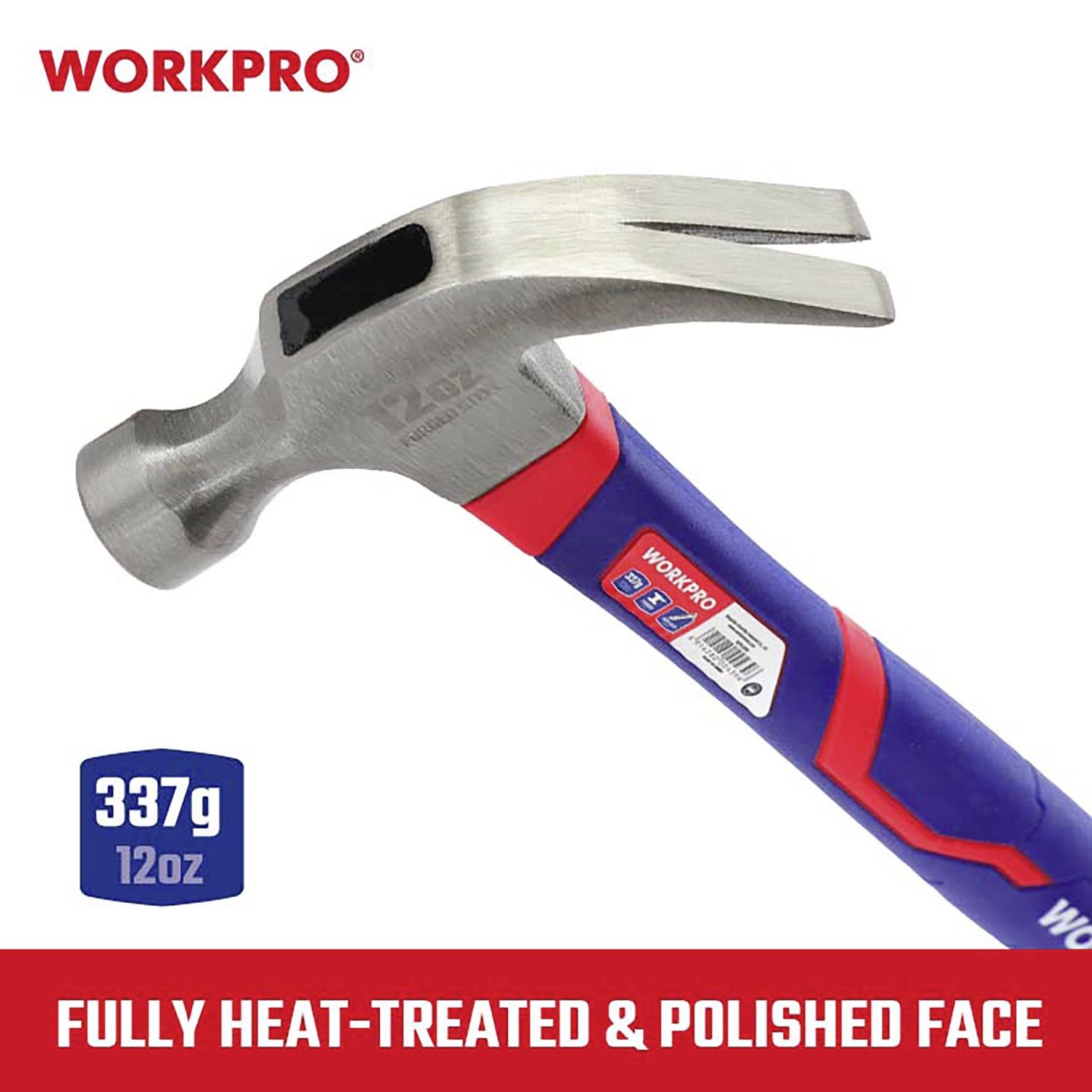 A hammer with a red and blue handle, brand name 'WORKPRO'. Weight 337g (12oz). Text: 'Fully heat-treated & polished surface'.