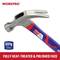 A hammer with a red and blue handle, brand name 'WORKPRO'. Weight 337g (12oz). Text: 'Fully heat-treated & polished surface'.