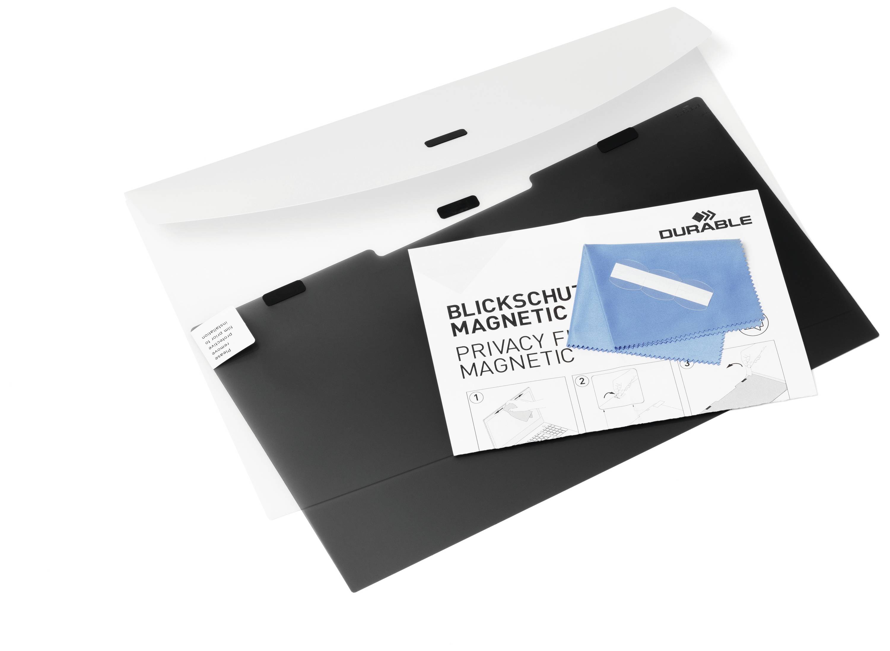 Black magnetic privacy filter on a white background surface, alongside a blue cleaning cloth cover and instruction manual.