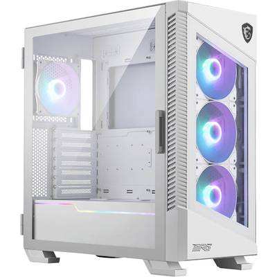 A white PC case with a glass window, showcasing four built-in fans with RGB lighting; modern and stylish.