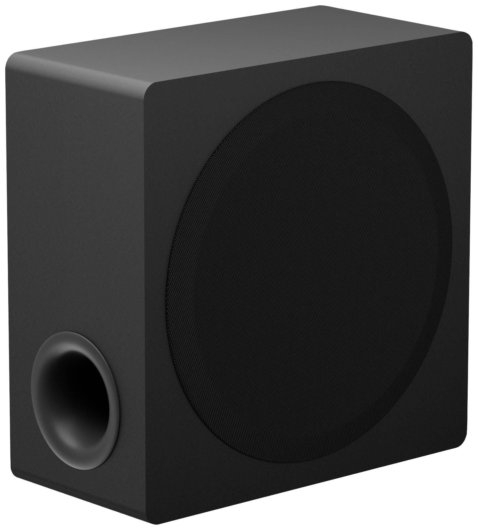 A black, rectangular speaker with a large round speaker opening on the front and a bass reflex port on the side.