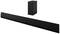 Black soundbar with matching subwoofer, positioned on white background.