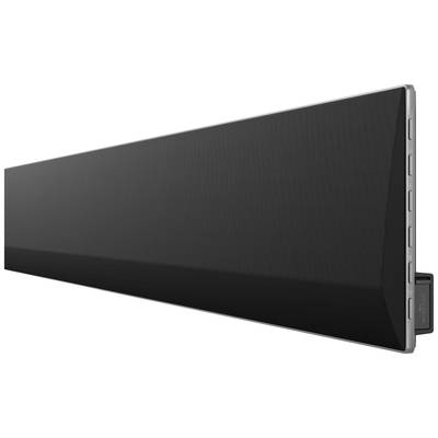 A black soundbar in side profile with buttons on the right side. The design is sleek and modern, suitable for home cinema applications.