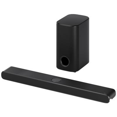Black soundbar with matching subwoofer, both in a modern design. Suitable for enhancing the sound quality of TV and music enjoyment.