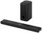 Black soundbar with matching subwoofer, both in a modern design. Suitable for enhancing the sound quality of TV and music enjoyment.