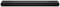 Black soundbar with minimalist design, centrally placed button on the top surface.