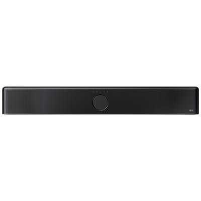 Black soundbar with central volume control and controls on the top surface, suitable for leisure or home cinema applications.