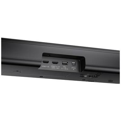 Underside of a soundbar with ports: HDMI IN, HDMI OUT (TV ARC/ARC), USB, OPTICAL IN. Connections for audio devices and television.