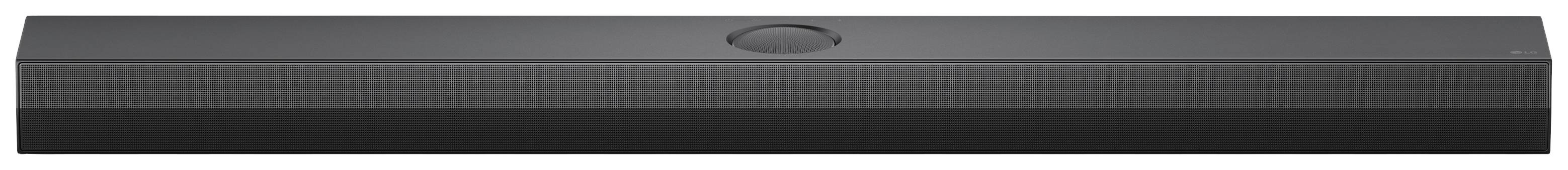 Black, elongated soundbar with a central, circular button. Suitable for audio and home cinema systems.