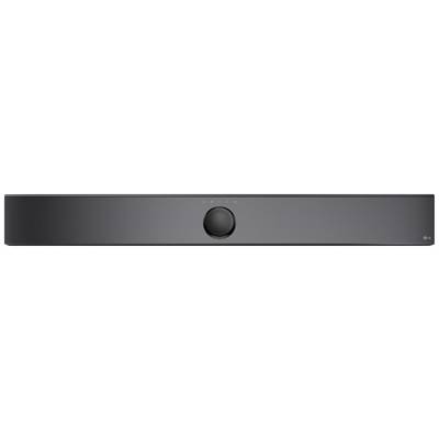 Black soundbar with central volume control and three buttons for control. Elegant design, suitable for home cinema systems.