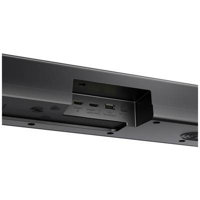 Rear view of a device with HDMI, eARC and USB ports positioned in a recessed opening.