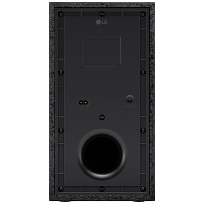Black LG speaker with visible speaker enclosure, connection sockets and bass reflex opening on the front face.