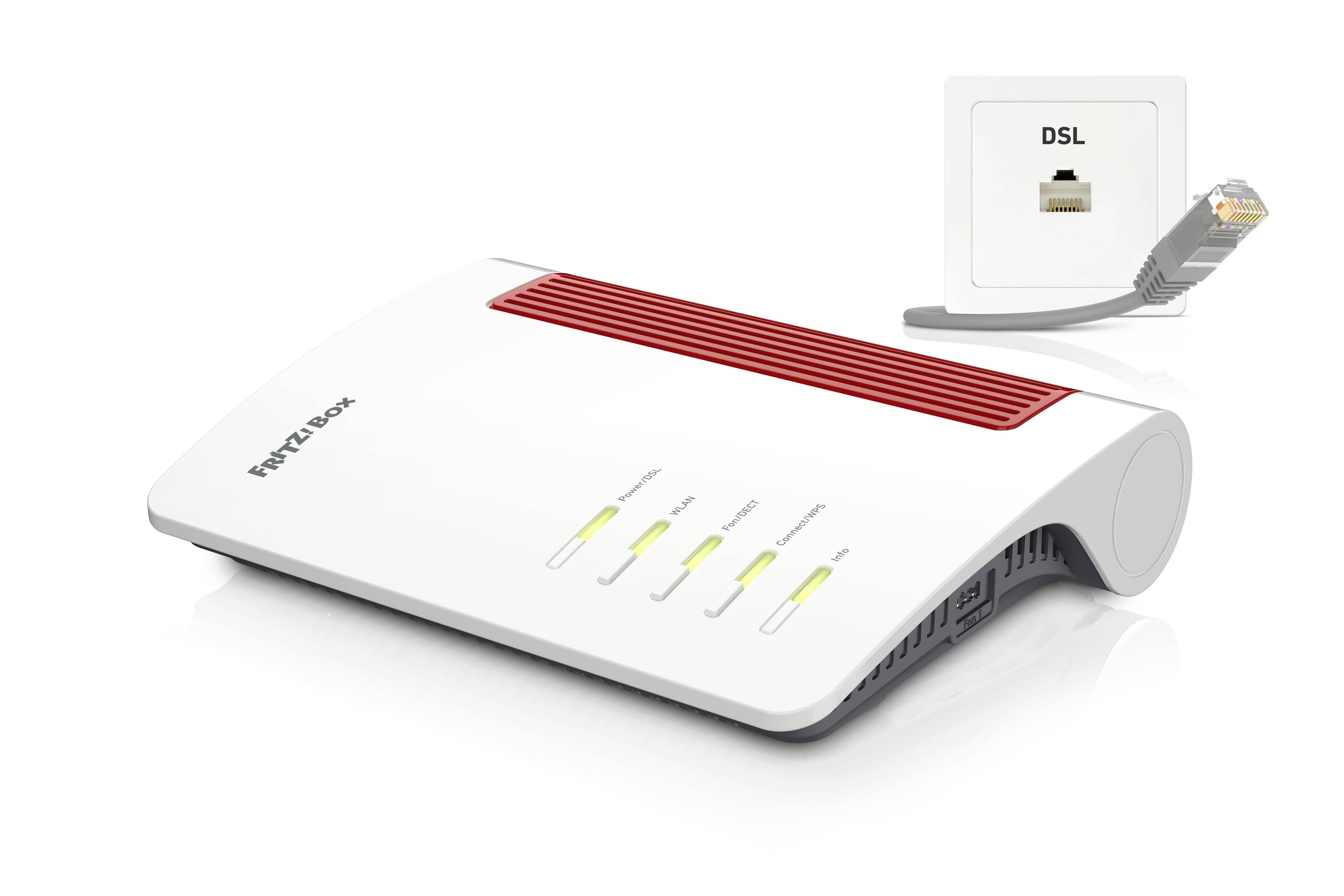 Wireless router with multiple indicator lights is positioned in front of a DSL wall socket. A network cable is connected.
