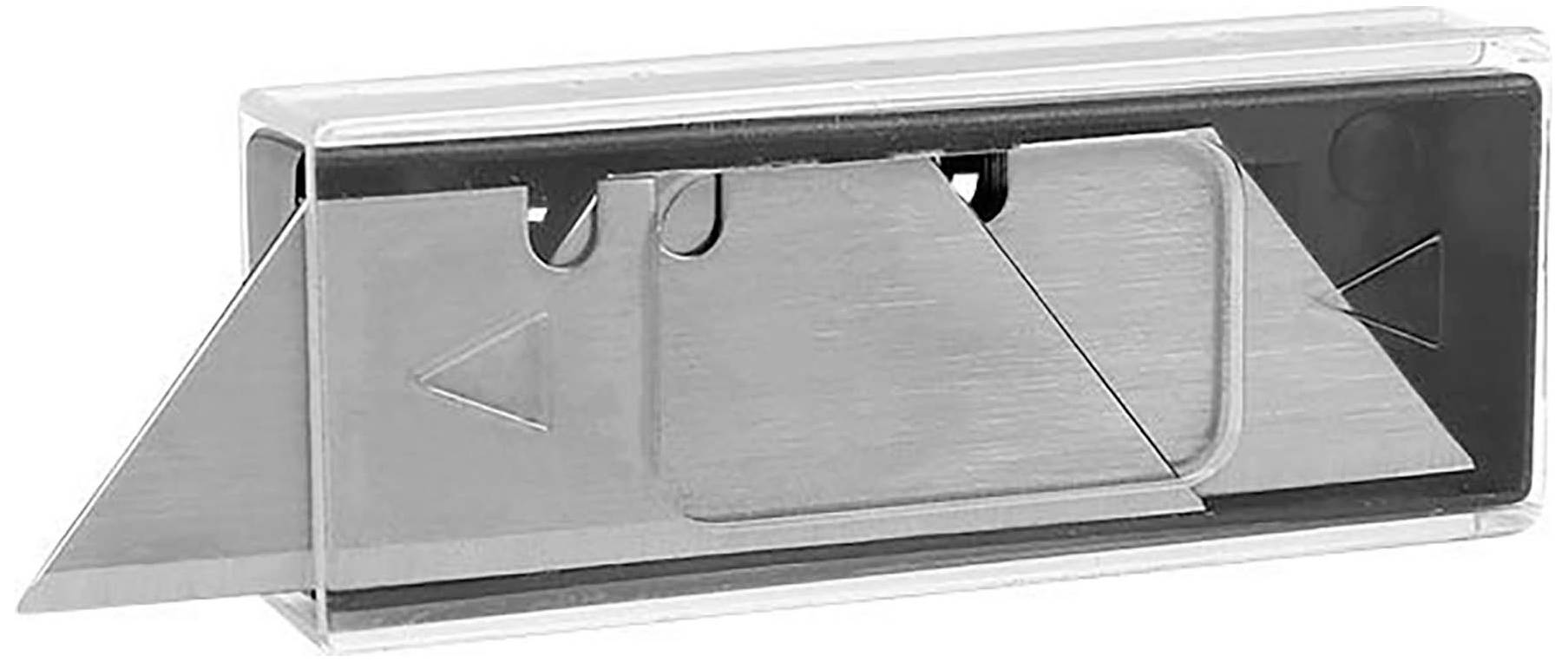 A transparent plastic case containing three silver razor blades.
