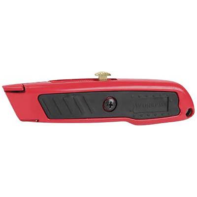 Red universal knife with black handle and retractable blade. At the top, there is a screw for blade adjustment.