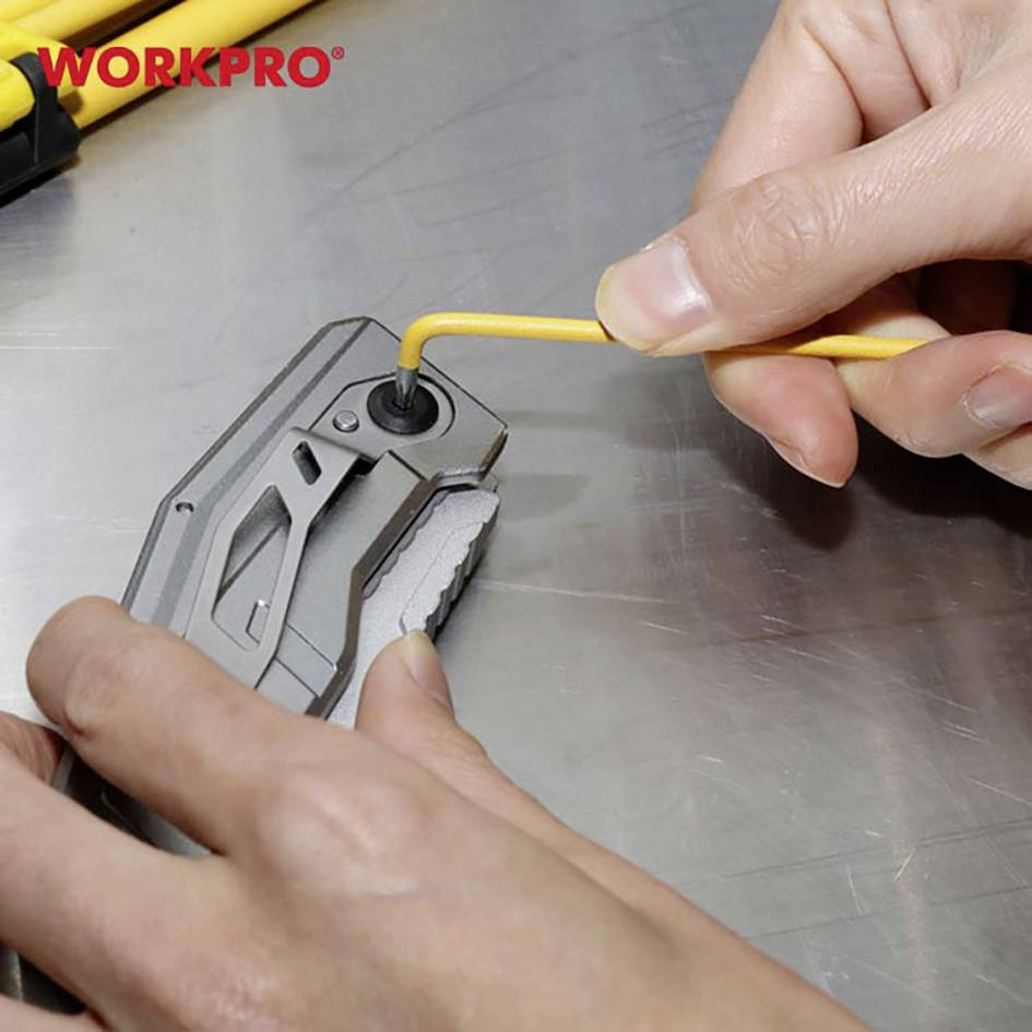 A hand turns a screw with a yellow Allen key into a grey metal part. The 'WORKPRO' logo is positioned in the top left.