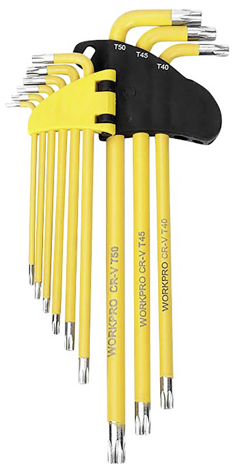 'Set of Torx keys in yellow-black holder, sizes T10 to T50, with non-slip grip and reinforced tips for various applications.'