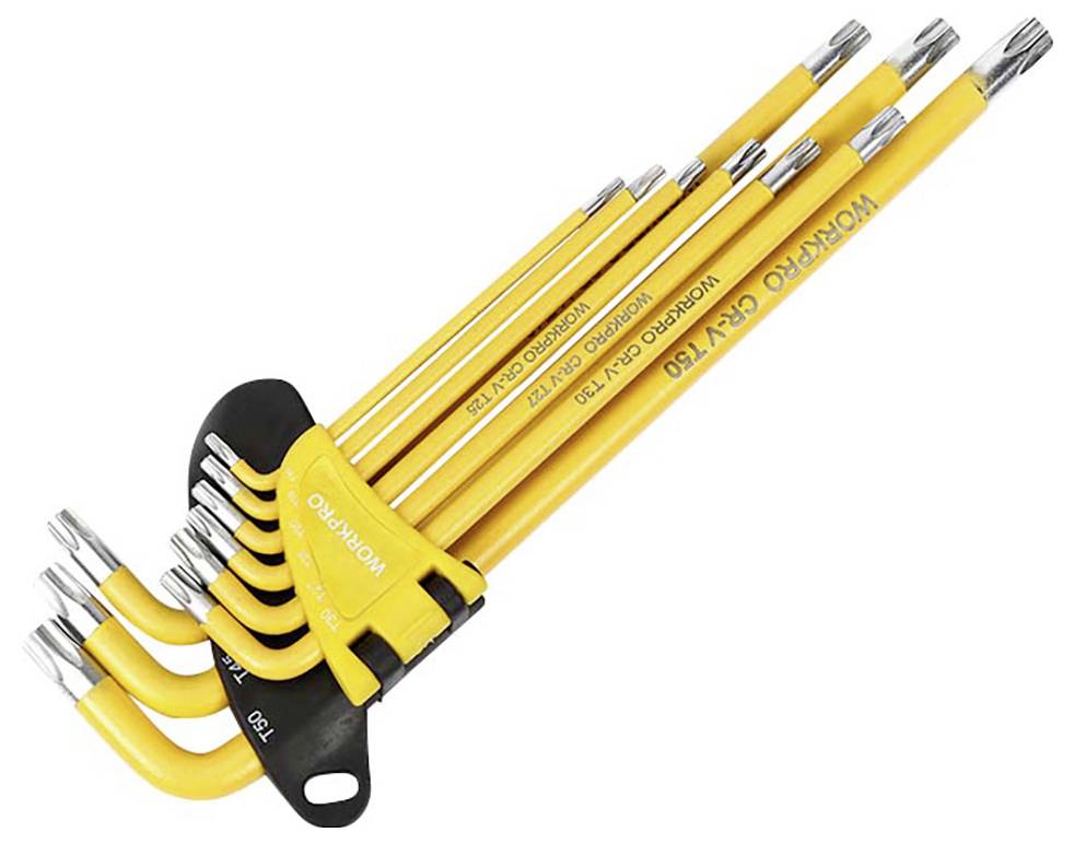 A yellow hexagonal Allen key set with nine different sizes, arranged in a black holder.