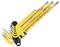 A yellow hexagonal Allen key set with nine different sizes, arranged in a black holder.