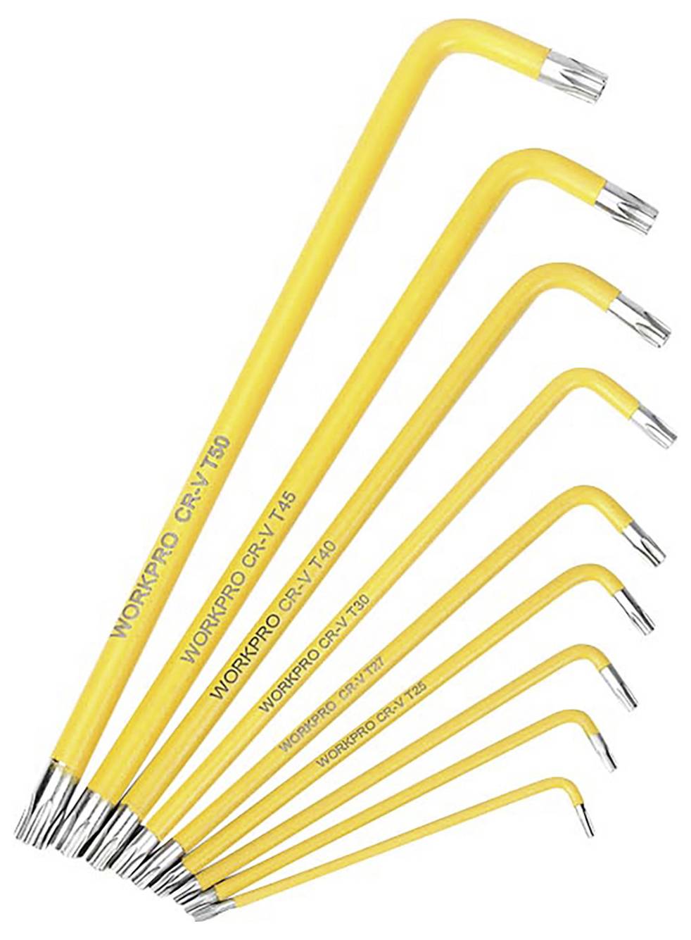 A set of nine yellow Allen keys, arranged by size. Each has a silver head.