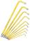 A set of nine yellow Allen keys, arranged by size. Each has a silver head.