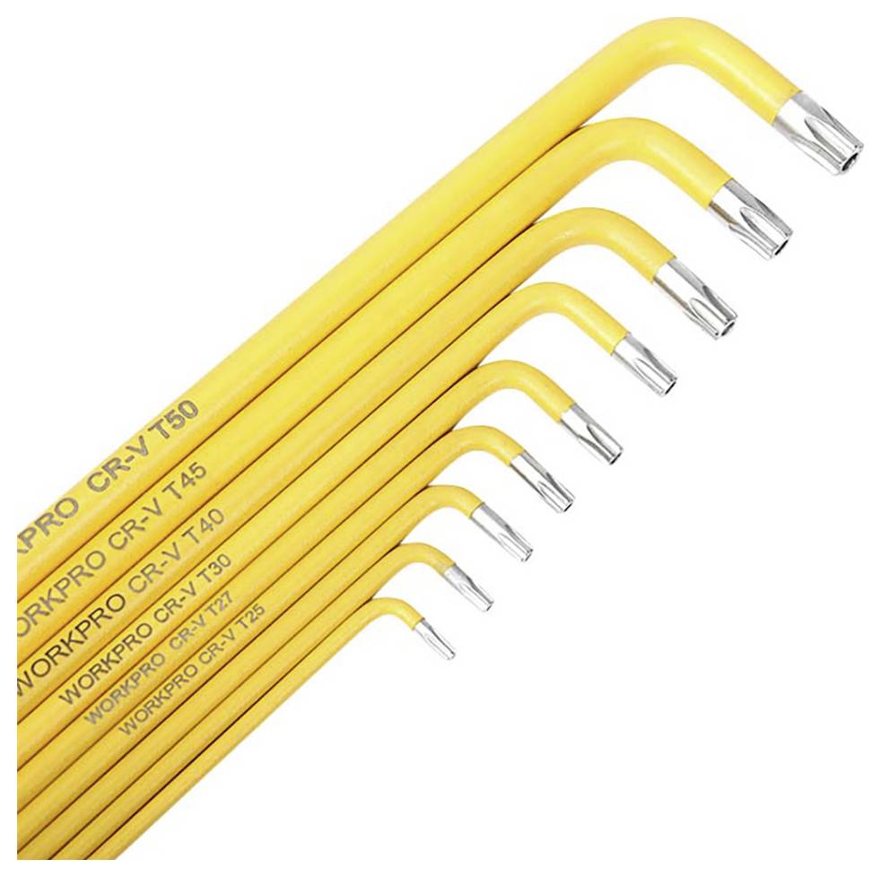 A set of yellow hexagonal Allen keys in various sizes, arranged from large to small, with silver end caps.