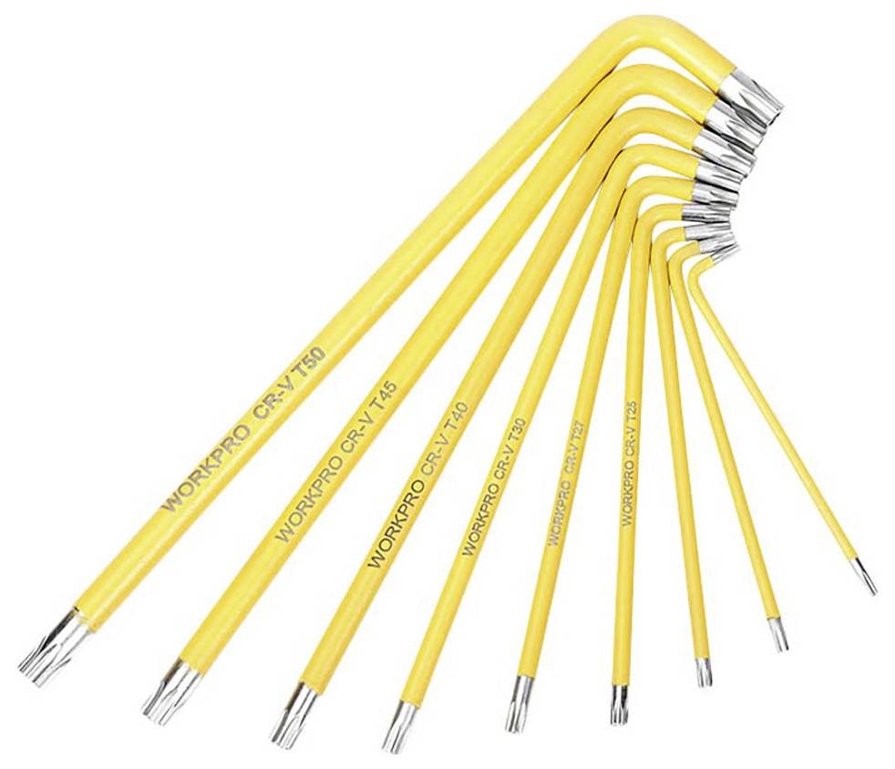 A set of yellow Torx keys in various sizes, arranged from large to small.